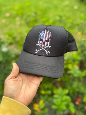 H3 Sportgear Black Trucker Hat with American Flag Skull and Wrenches
